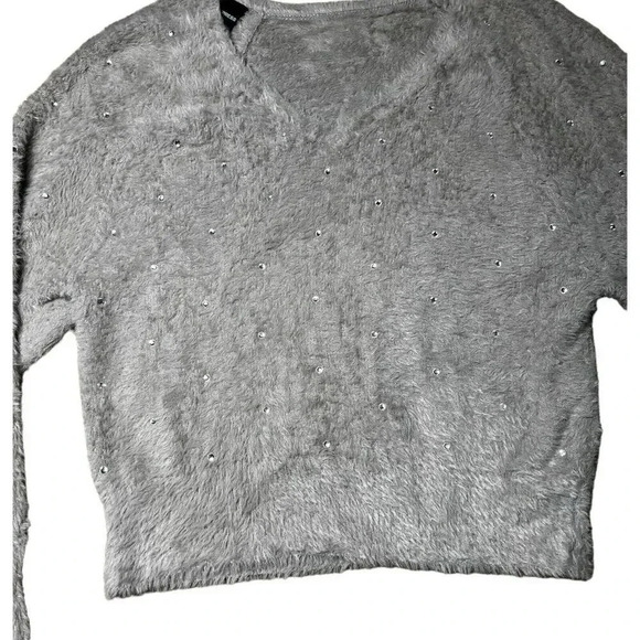 Express Womens Fuzzy Gray Oversized Sweater Soft Rhinestones V Neck Size XS - Picture 4 of 9
